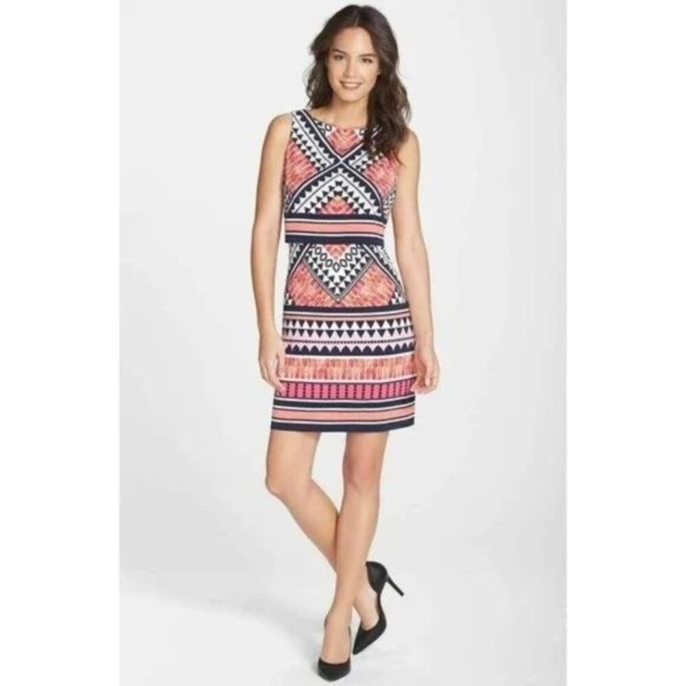 Eliza J Tiered Printed Above the Knee Sleeveless Dress Pink Black White Size 4